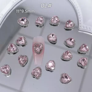 Heart-shaped pink alloy nail charm with rhinestone frame, 11×9.5mm
