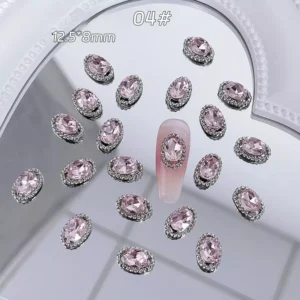 Oval alloy pink rhinestone nail charm with crystal frame, 12.5×8mm