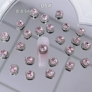 Small square alloy crystal nail charm in light pink, 8×8.5mm