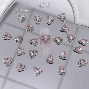 Puffy heart-shaped pink crystal charm for nail art, 9×8mm