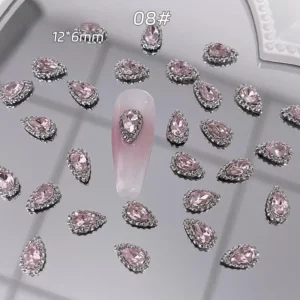 Slim pink teardrop nail crystal charm with alloy setting, 12×6mm