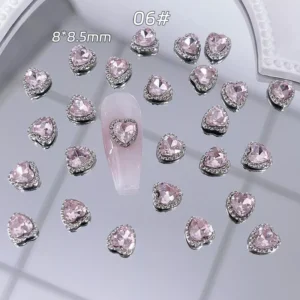 Pink heart alloy nail charm with shimmering rhinestone edge, 8×8.5mm