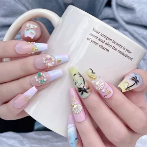 Two-hand full nail design showcasing Alloy Seashell Nail Charms and seaside nail embellishments
