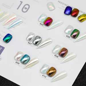 Angled view of 10 Moonlight Chrome Powder colors on labeled shade card