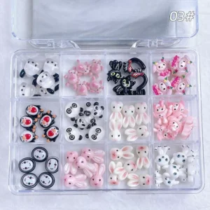 Black and white nail charms with panda, penguin, ghost, and rabbit themes