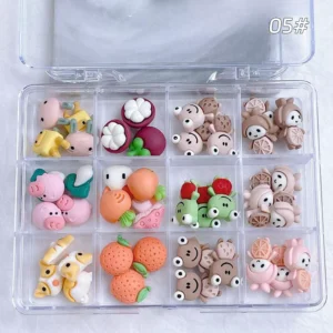Resin nail charms with animals, fruits, and Asian food designs