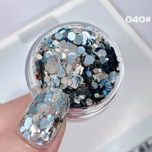 Silver and teal glitter hex mix in clear pot with matching nail application
