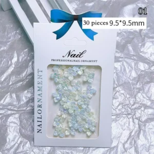 Iridescent white-blue resin sakura nail charms – 9.5×9.5mm