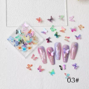 Butterfly nail charms in square case and purple-pink nail art – style 03