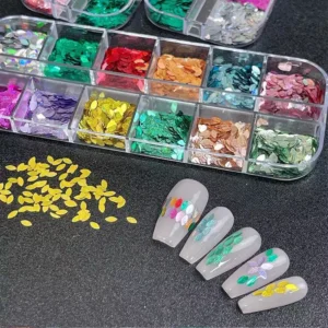 Aurora nail sequins in leaf shape and mixed iridescent colors with nail art demo