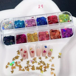Maple leaf nail glitter in fall-inspired hues with holographic shimmer