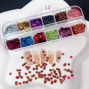 Maple leaf-shaped holographic nail glitter sequins in fall colors