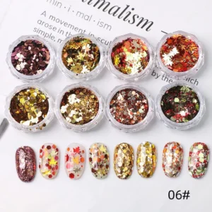 Autumn-inspired glitter flakes with maple leaves and holographic dots