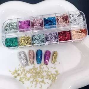 Rectangular bar nail sequins in holographic metallics, with nail demo
