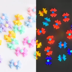Pastel nail bows under normal light and UV glow effect side by side