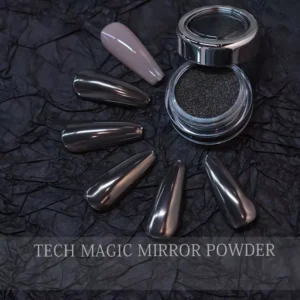 Black Chrome Nail Powder in jar with mirror shine swatches on dark background