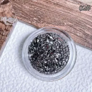 Gunmetal black nail chains and beads in compact jar labeled 02#