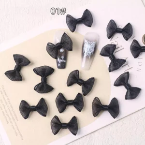 Black soft mesh bow nail decorations for elegant manicure art