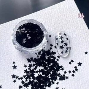 Matte black star glitter sequins for nail DIY in clear jar