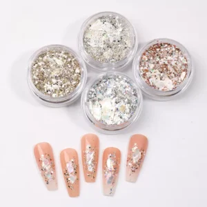Five jars of Galaxy Crystal Nail Glitter with nude nail tips below