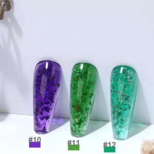 Green and purple builder gel swatches with visible dried petals