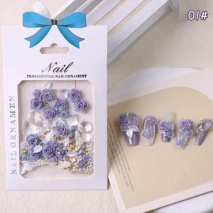 Purple resin rose nail charms with pearls and crystals in boxed set