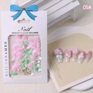 Light pink nail charm set with mint leaves and glossy crystals