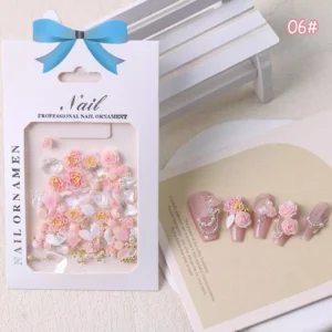 Peachy floral nail ornaments with yellow-pink roses and crystal mix