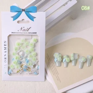 Pale lime nail charm kit with resin roses, crystals and blue foil