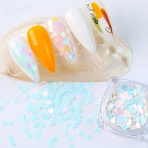 Light blue heart glitter nail sequins with iridescent finish