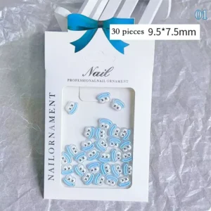 Blue funny monster nail charms in retail packaging, 30 pieces