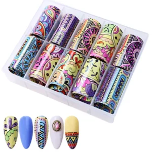 Tribal and paisley patterned nail foil rolls in vibrant printed designs