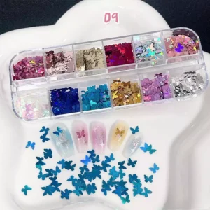 Bold butterfly-shaped nail sequins in solid colors with pastel nail base