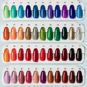 Gel Nail Polish Set featuring bold reds, greens, and metallics