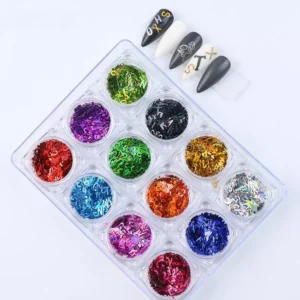 Multicolor holographic alphabet nail sequins viewed from above