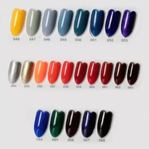 Bold and glitter finish colored gel nail polish in red and blue spectrum