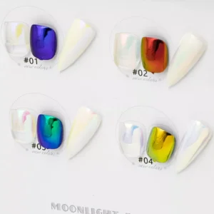Moonlight Chrome Powder nail sample display showing top 4 dynamic shades