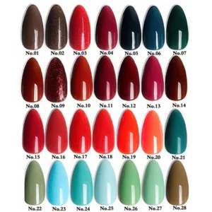Detailed swatches of Colorful Gel Polish shades 01 to 28