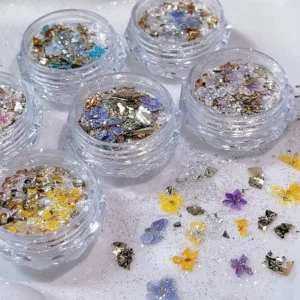 Pressed flower nail glitter set with gold flakes and pastel florals
