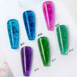 Jelly gel builder shades in blue, green, pink, and purple with dried flowers