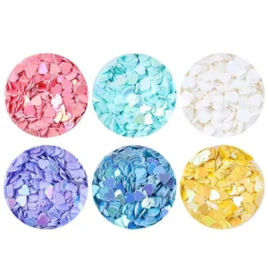 6 bright pastel holographic heart sequins in circle pans