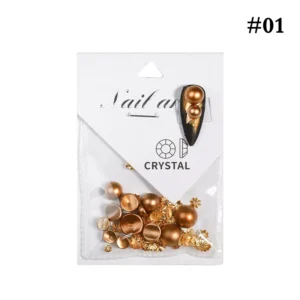 Bronze pearl and alloy nail charms with gold floral accents – top view