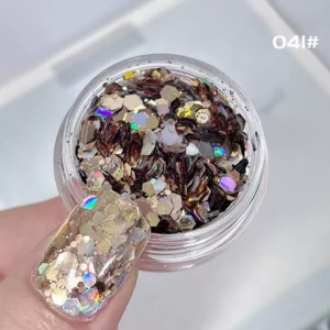 Warm bronze and gold holographic glitter blend with fiber effect