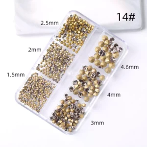 Brown and champagne-colored rhinestones in multiple sizes for nail art.