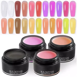 Builder Nail Gel jars with 22 vivid sculpting shades displayed above