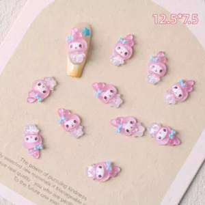 Pink bunny resin nail charms with translucent bows, 12.5×7.5mm on neutral background