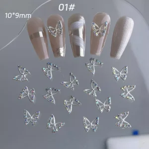 Butterfly nail charms on nude nails with holographic accents (style 01#)