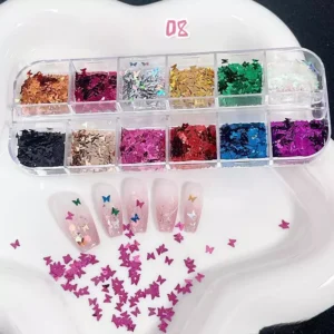 Holographic butterfly nail sequins in bold colors with pink glitter base
