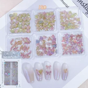 Nail decorations set 15# Iridescent Butterfly & Petal Set with multicolor resin pieces in soft shimmer finish