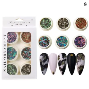 Camouflage-inspired crushed flakes with matte black and neutral nail samples